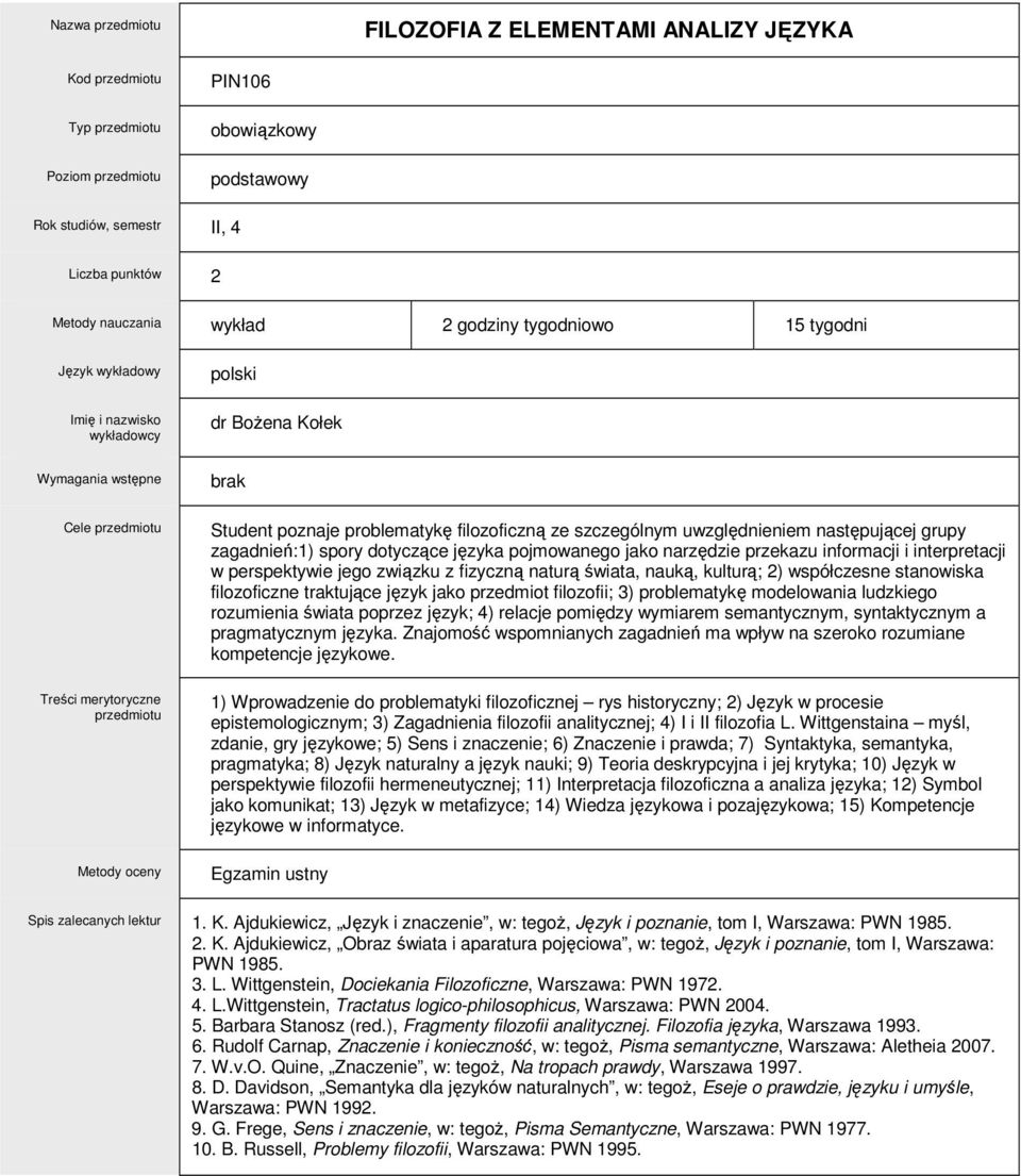 nauką, kulturą; 2) współczesne stanowiska filozoficzne traktujące język jako przedmiot filozofii; 3) problematykę modelowania ludzkiego rozumienia świata poprzez język; 4) relacje pomiędzy wymiarem