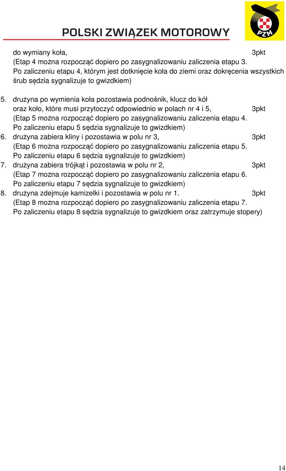 drużyna po wymienia koła pozostawia podnośnik, klucz do kół oraz koło, które musi przytoczyć odpowiednio w polach nr 4 i 5, 3pkt (Etap 5 można rozpocząć dopiero po zasygnalizowaniu zaliczenia etapu 4.