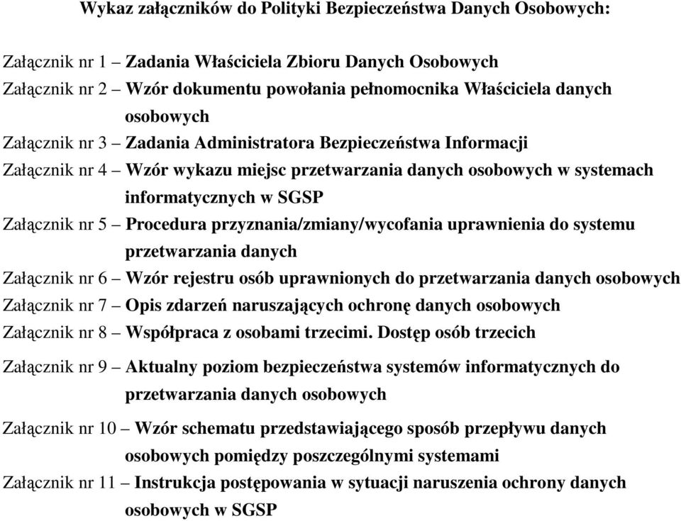 przyznania/zmiany/wycofania uprawnienia do systemu przetwarzania danych Załącznik nr 6 Wzór rejestru osób uprawnionych do przetwarzania danych osobowych Załącznik nr 7 Opis zdarzeń naruszających