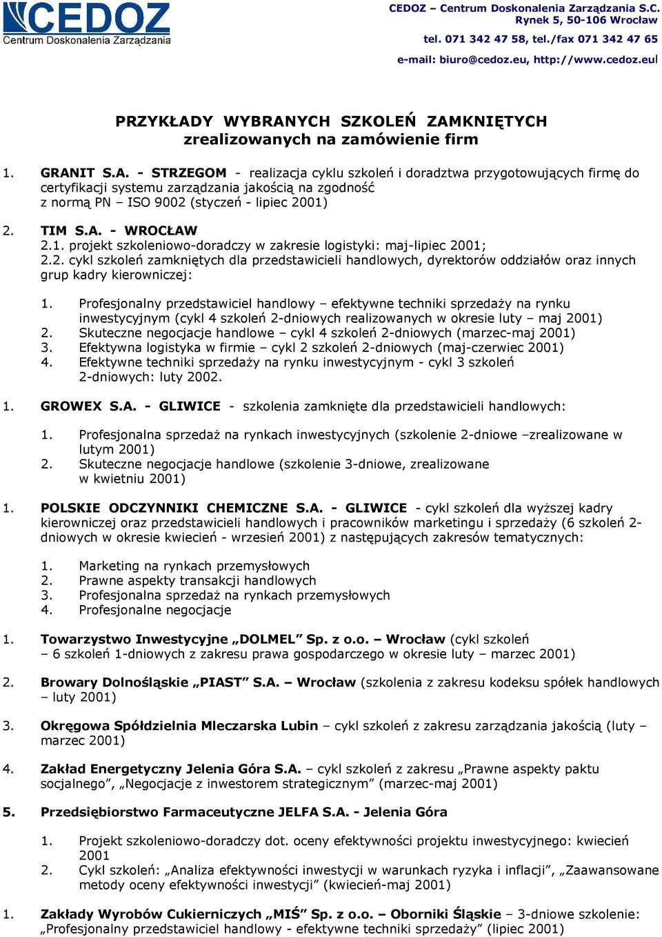 Profesjonalny przedstawiciel handlowy efektywne techniki sprzedaży na rynku inwestycyjnym (cykl 4 szkoleń 2-dniowych realizowanych w okresie luty maj 2001) 2.