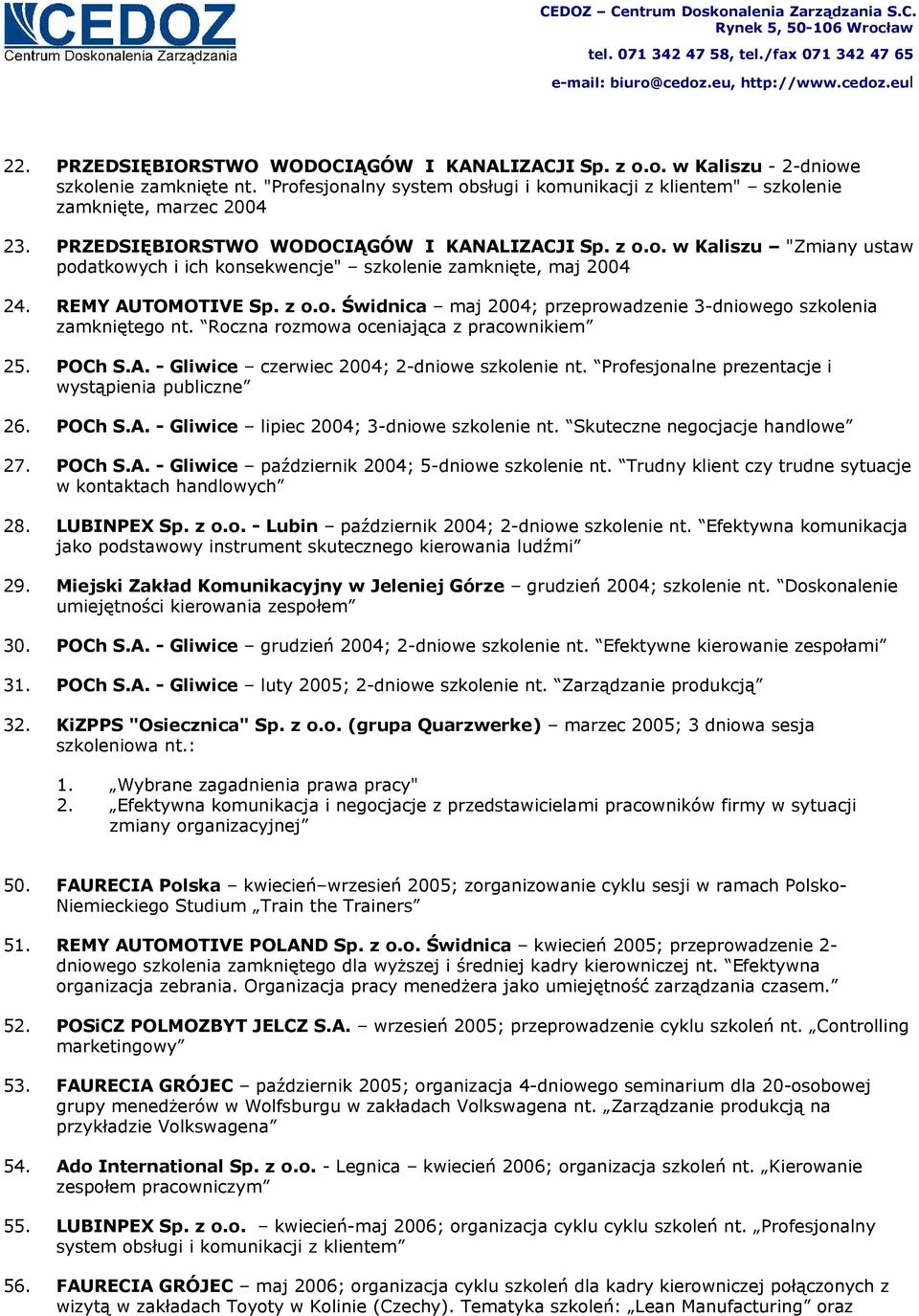 Roczna rozmowa oceniająca z pracownikiem 25. POCh S.A. - Gliwice czerwiec 2004; 2-dniowe szkolenie nt. Profesjonalne prezentacje i wystąpienia publiczne 26. POCh S.A. - Gliwice lipiec 2004; 3-dniowe szkolenie nt.