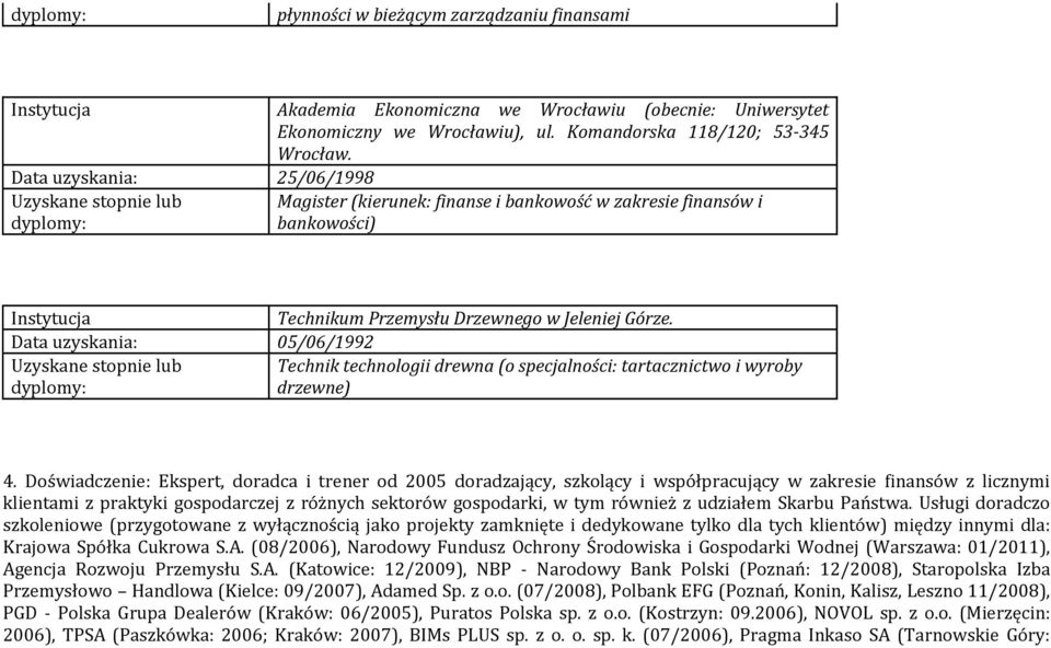 Data uzyskania: 05/06/199 Uzyskane stopnie lub dyplomy: Technik technologii drewna (o specjalności: tartacznictwo i wyroby drzewne) 4.