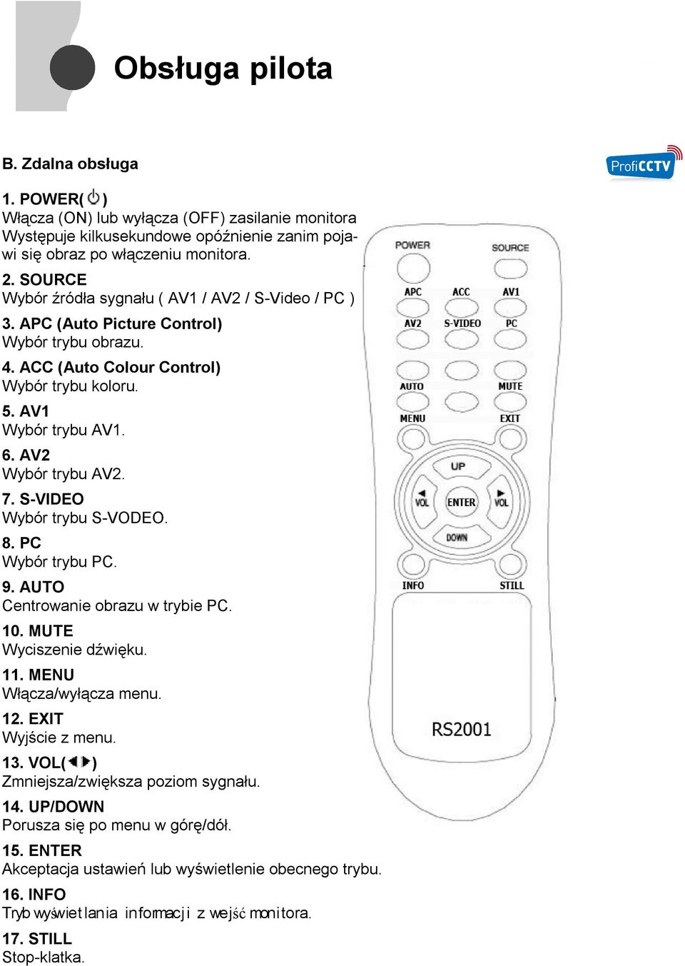 AV2 Wybór trybu AV2. 7. S-VIDEO Wybór trybu S-VODEO. 8. PC Wybór trybu PC. 9. AUTO Centrowanie obrazu w trybie PC. 10. MUTE Wyciszenie dźwięku. 11. MENU Włącza/wyłącza menu. 12. EXIT Wyjście z menu.