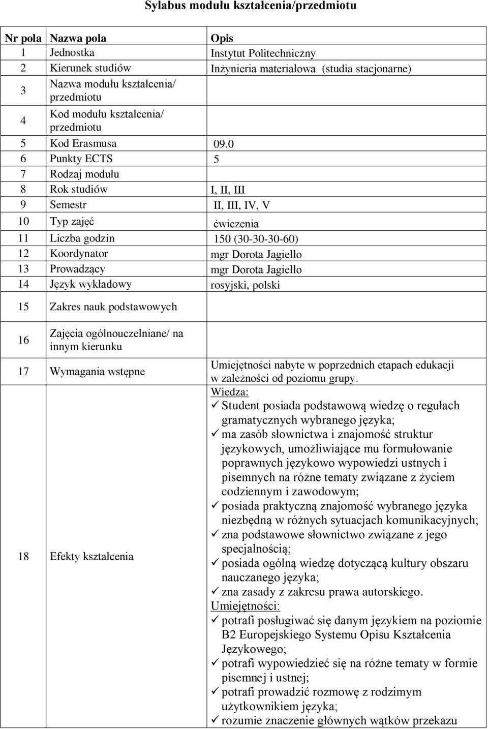 0 6 Punkty ECTS 5 7 Rodzaj modułu 8 Rok studiów I, II, III 9 Semestr II, III, IV, V 10 Typ zajęć ćwiczenia 11 Liczba godzin 150 (30-30-30-60) 12 Koordynator mgr Dorota Jagiełło 13 Prowadzący mgr