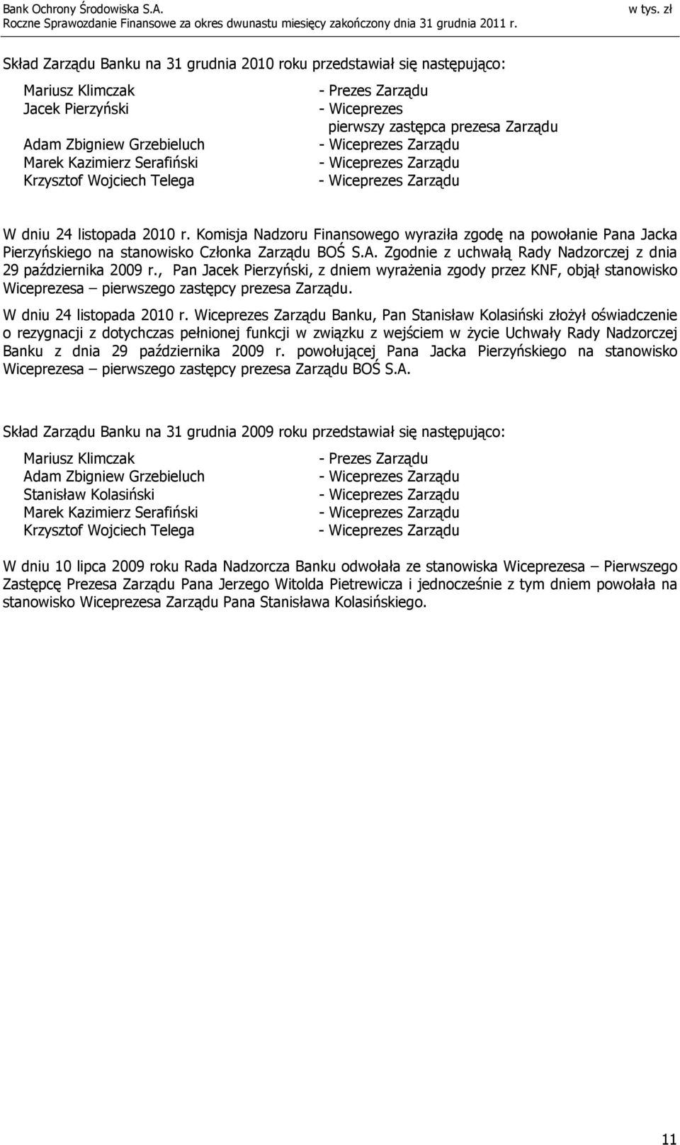 Komisja Nadzoru Finansowego wyraziła zgodę na powołanie Pana Jacka Pierzyńskiego na stanowisko Członka Zarządu BOŚ S.A. Zgodnie z uchwałą Rady Nadzorczej z dnia 29 października 2009 r.