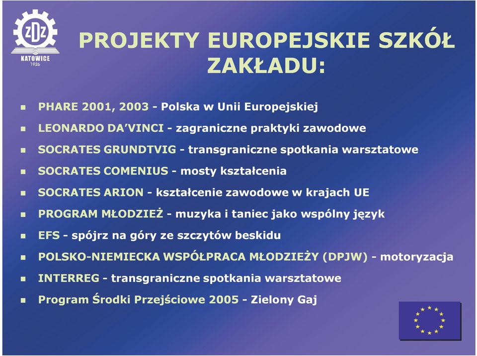 zawodowe w krajach UE PROGRAM MŁODZIEś - muzyka i taniec jako wspólny język EFS - spójrz na góry ze szczytów beskidu