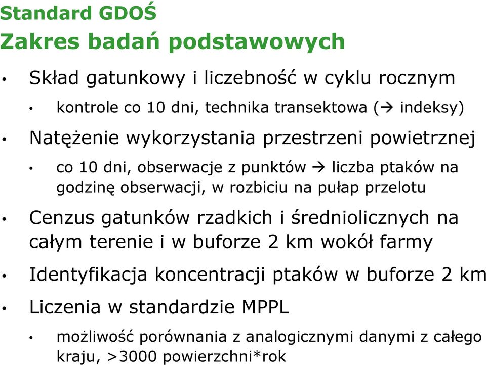 rozbiciu na pułap przelotu Cenzus gatunków rzadkich i średniolicznych na całym terenie i w buforze 2 km wokół farmy Identyfikacja