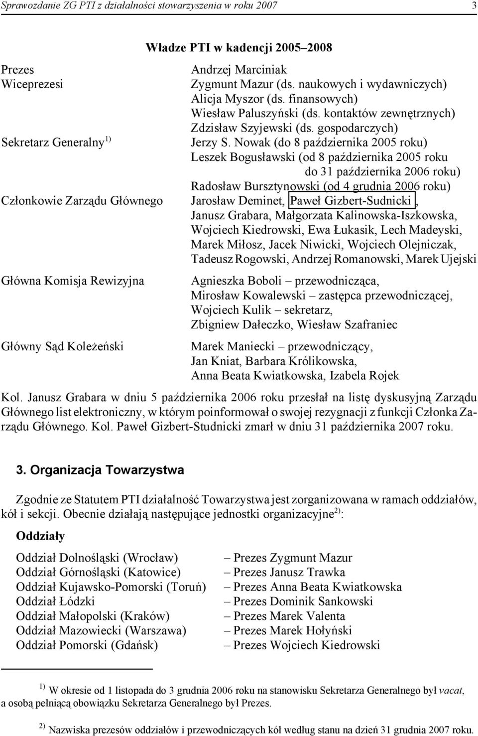 Nowak (do 8 października 2005 roku) Leszek Bogusławski (od 8 października 2005 roku do 31 października 2006 roku) Radosław Bursztynowski (od 4 grudnia 2006 roku) Członkowie Zarządu Głównego Jarosław