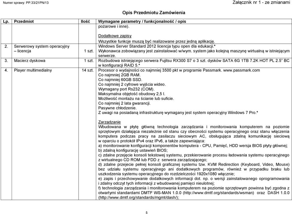 Rozbudowa istniejącego serwera Fujitsu RX300 S7 o 3 szt. dysków SATA 6G 1TB 7.2K HOT PL 2.5 BC w konfiguracji RAID 5.* 4. Player multimedialny 14 szt.