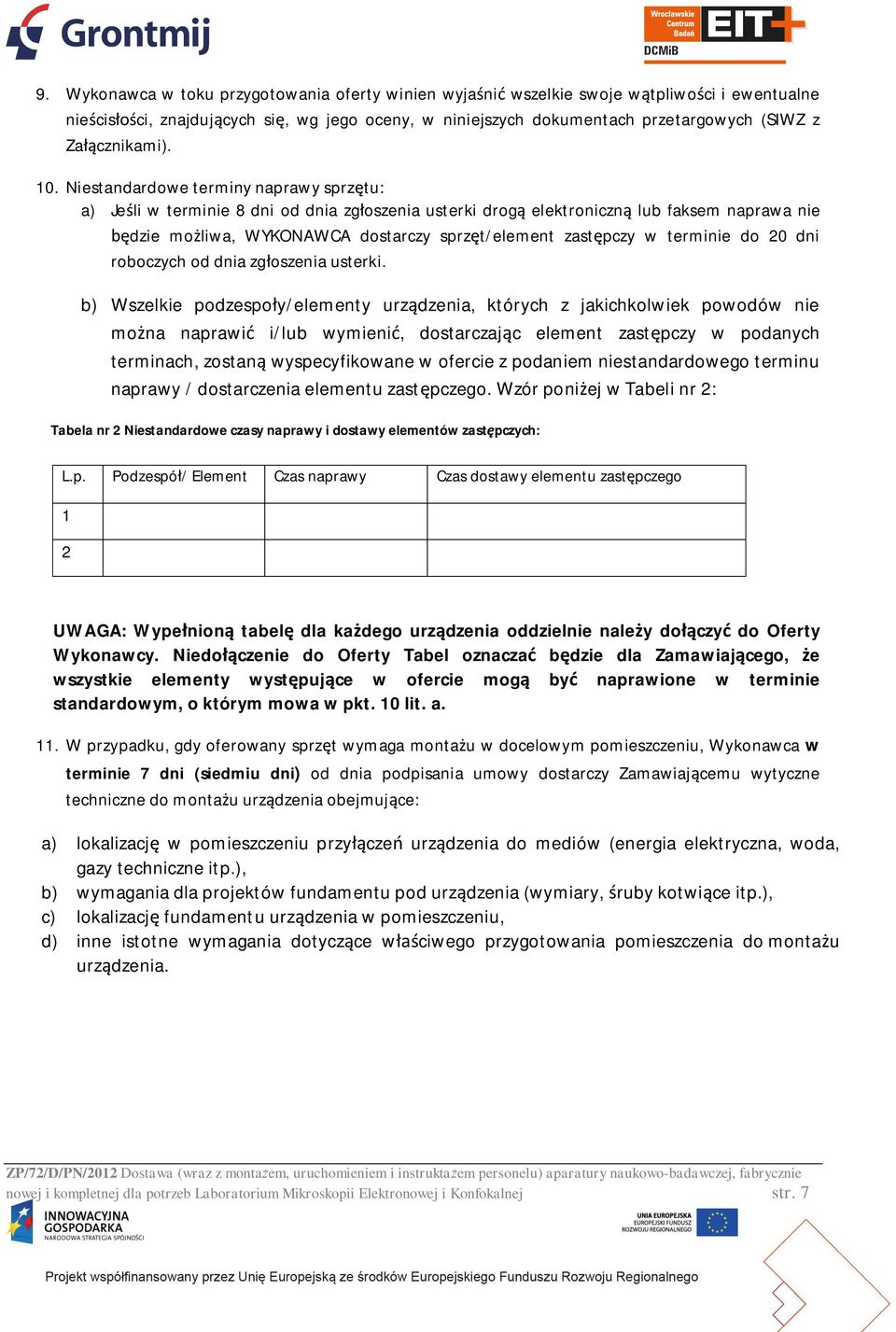 Niestandardowe terminy naprawy sprz tu: a) Je li w terminie 8 dni od dnia zg oszenia usterki drog elektroniczn lub faksem naprawa nie dzie mo liwa, WYKONAWCA dostarczy sprz t/element zast pczy w