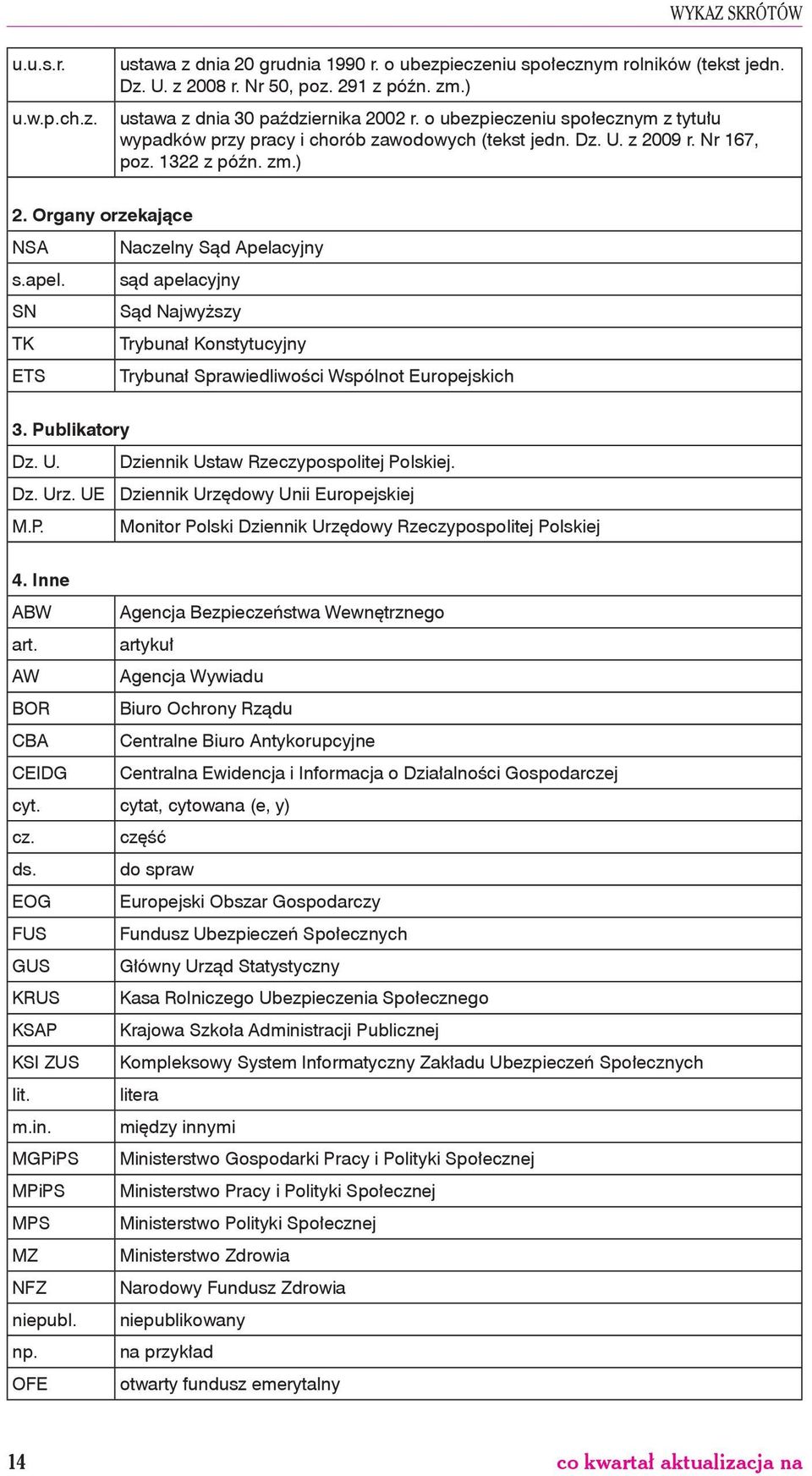 sąd apelacyjny SN Sąd Najwyższy TK Trybunał Konstytucyjny ETS Trybunał Sprawiedliwości Wspólnot Europejskich 3. Publikatory Dz. U. Dziennik Ustaw Rzeczypospolitej Polskiej. Dz. Urz.