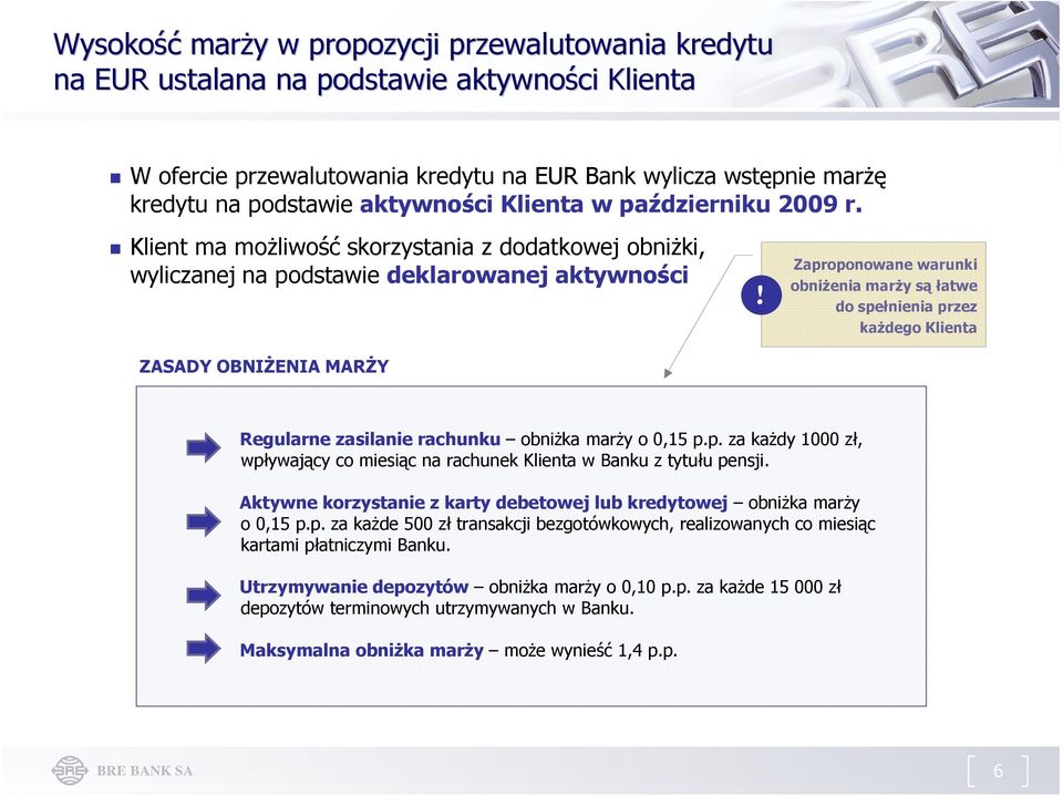 Klient ma możliwość skorzystania z dodatkowej obniżki, wyliczanej na podstawie deklarowanej aktywności ZASADY OBNIŻENIA MARŻY Zaproponowane warunki obniżenia marży są łatwe do spełnienia przez