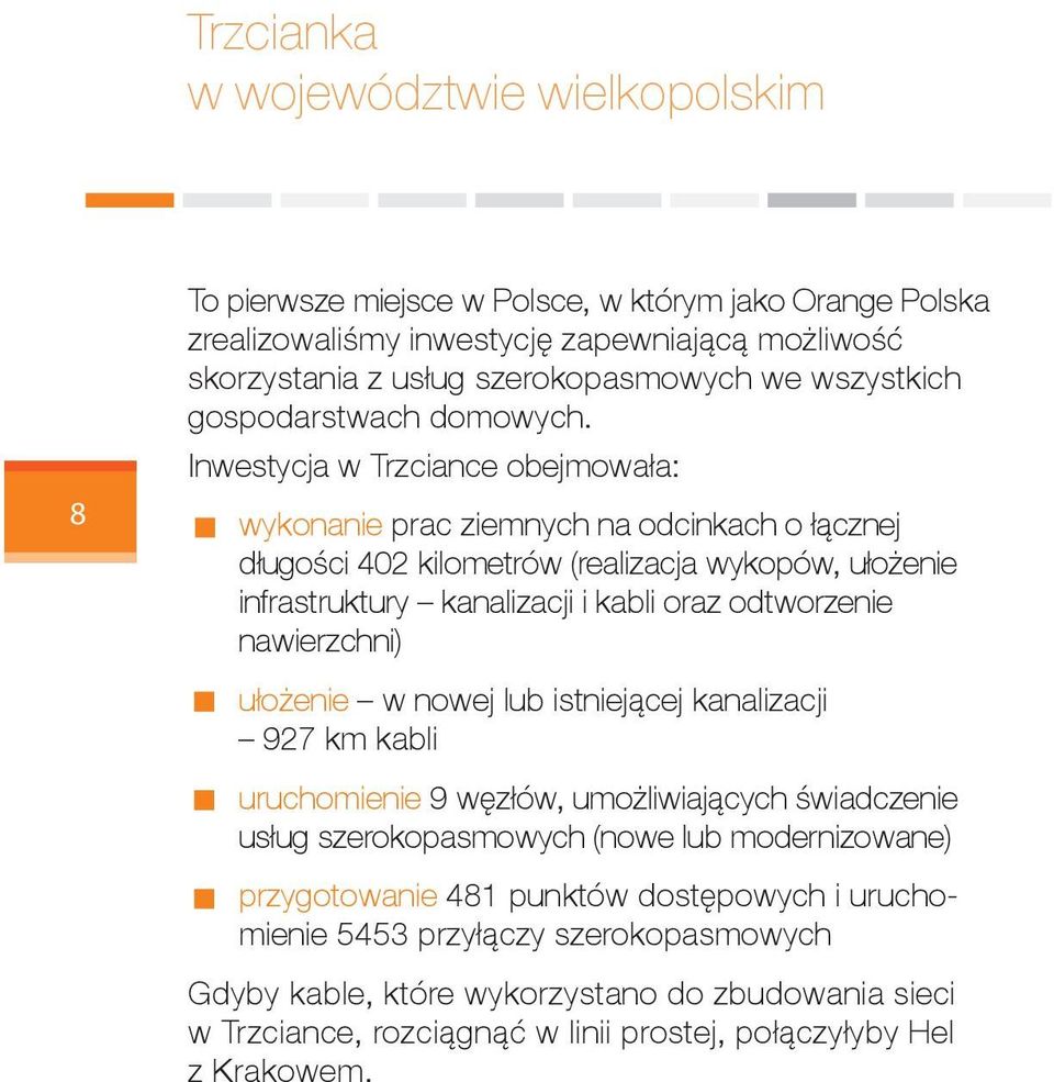 Inwestycja w Trzciance obejmowała: wykonanie prac ziemnych na odcinkach o łącznej długości 402 kilometrów (realizacja wykopów, ułożenie infrastruktury kanalizacji i kabli oraz odtworzenie