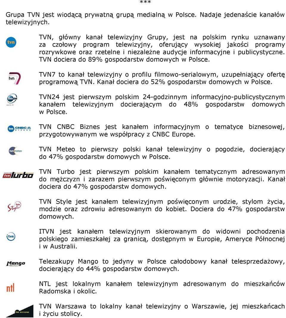 publicystyczne. TVN dociera do 89% gospodarstw domowych w Polsce. TVN7 to kanał telewizyjny o profilu filmowo-serialowym, uzupełniający ofertę programową TVN.