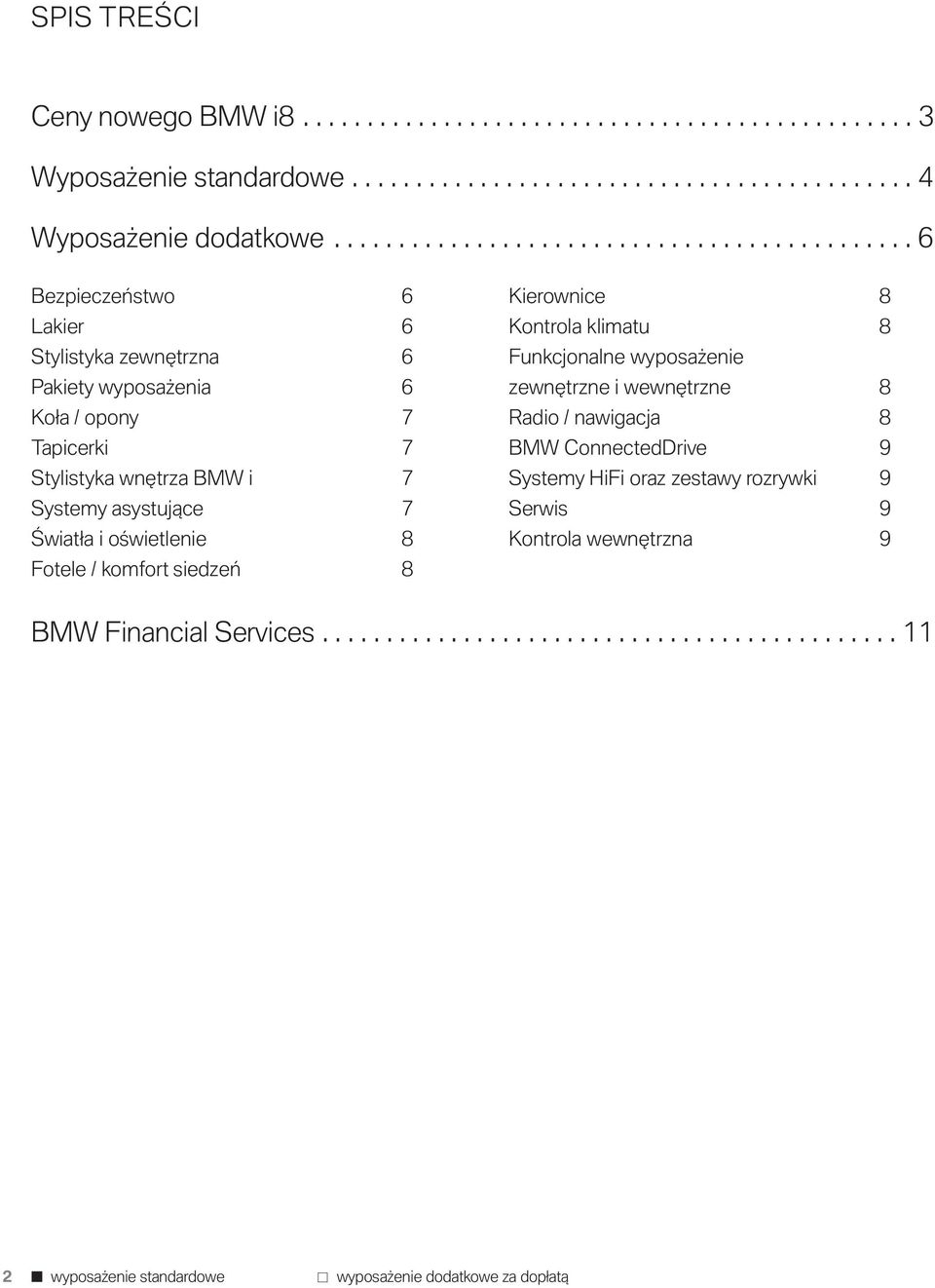 asystujące 7 Światła i oświetlenie 8 Fotele / komfort siedzeń 8 Kierownice 8 Kontrola klimatu 8 Funkcjonalne wyposażenie zewnętrzne i wewnętrzne 8 Radio / nawigacja 8 BMW