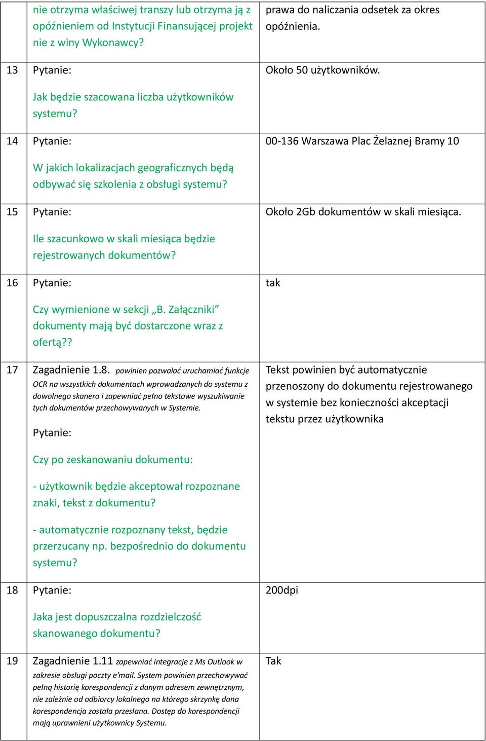 15 Około 2Gb dokumentów w skali miesiąca. Ile szacunkowo w skali miesiąca będzie rejestrowanych dokumentów? 16 tak Czy wymienione w sekcji B. Załączniki dokumenty mają być dostarczone wraz z ofertą?