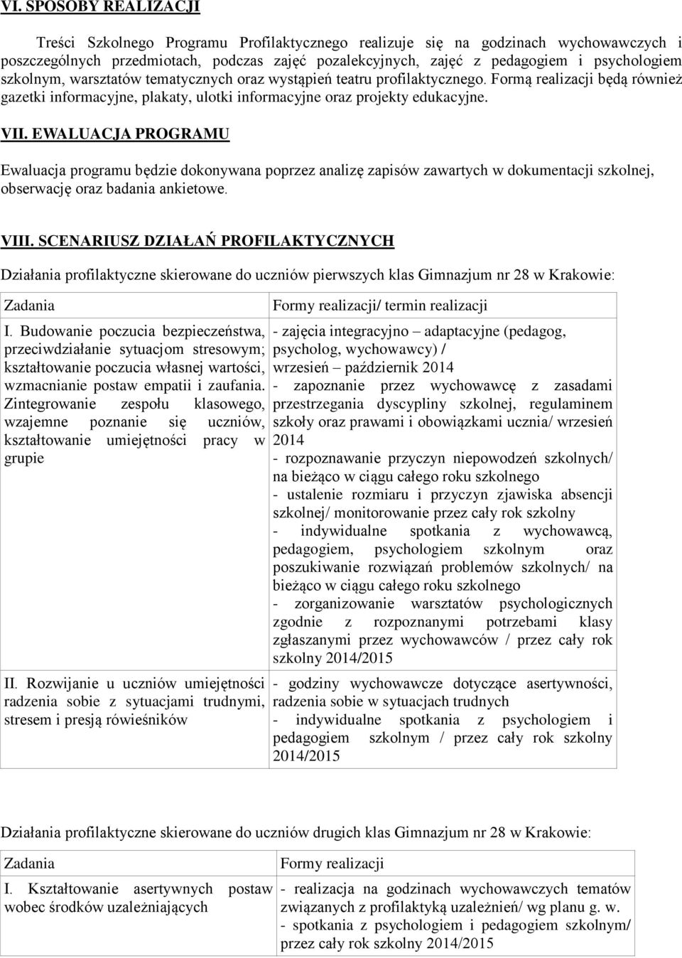 EWALUACJA PROGRAMU Ewaluacja programu będzie dokonywana poprzez analizę zapisów zawartych w dokumentacji szkolnej, obserwację oraz badania ankietowe. VIII.