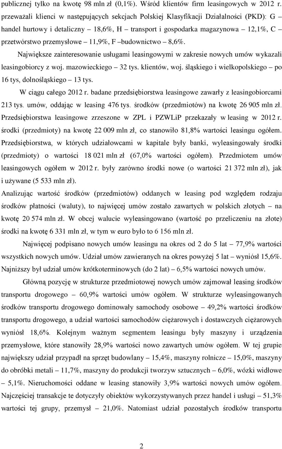 F budownictwo 8,6%. Największe zainteresowanie usługami leasingowymi w zakresie nowych umów wykazali leasingobiorcy z woj. mazowieckiego 32 tys. klientów, woj.
