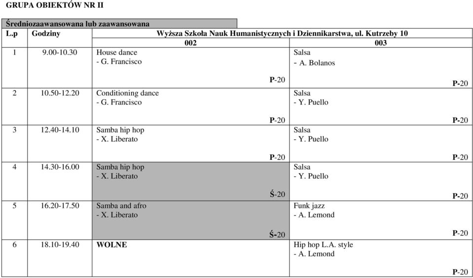 Francisco - A. Bolanos 2 10.50-12.20 Conditioning dance - G. Francisco - Y. Puello 3 12.40-14.10 Samba hip hop - X.