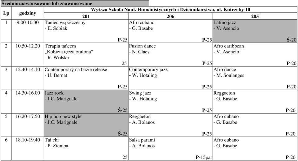 Bernat 25 Fusion dance - N. Claes Contemporary jazz - W. Hotaling Afro caribbean - V. Asencio Afro dance - M. Soulanges 4 14.30-16.00 Jazz rock - J.C. Marignale Swing jazz - W.