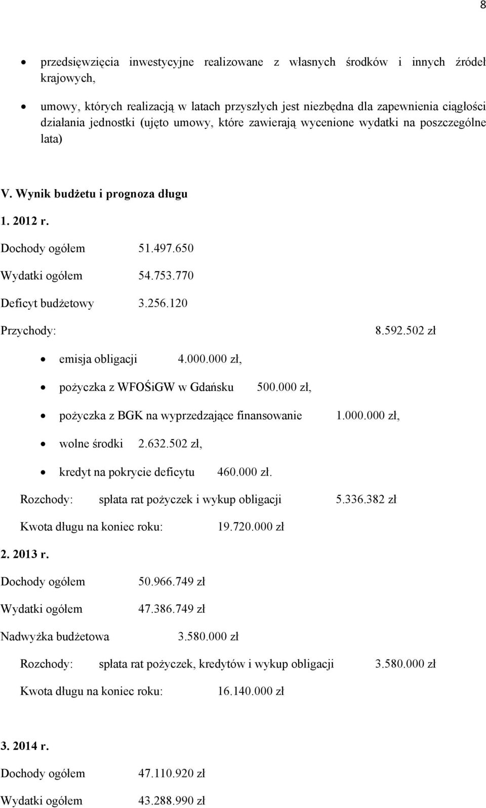 120 Przychody: 8.592.502 zł emisja obligacji 4.000.000 zł, pożyczka z WFOŚiGW w Gdańsku 500.000 zł, pożyczka z BGK na wyprzedzające finansowanie 1.000.000 zł, wolne środki 2.632.