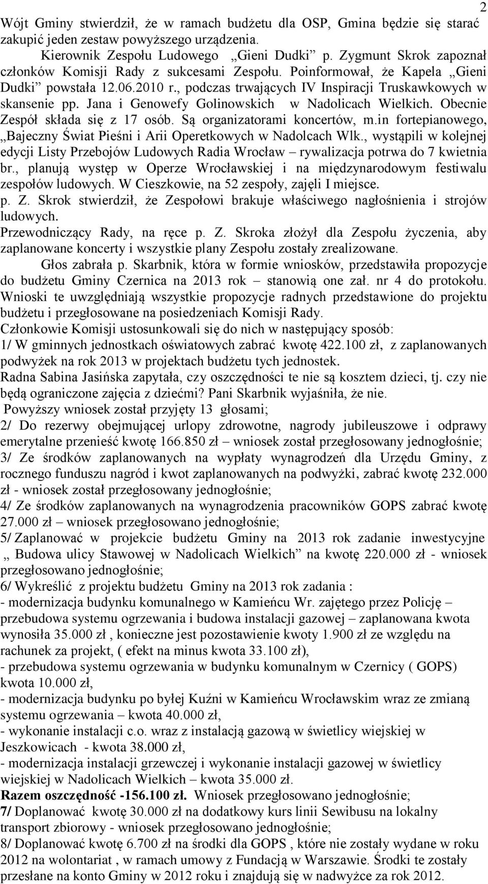 Jana i Genowefy Golinowskich w Nadolicach Wielkich. Obecnie Zespół składa się z 17 osób. Są organizatorami koncertów, m.in fortepianowego, Bajeczny Świat Pieśni i Arii Operetkowych w Nadolcach Wlk.