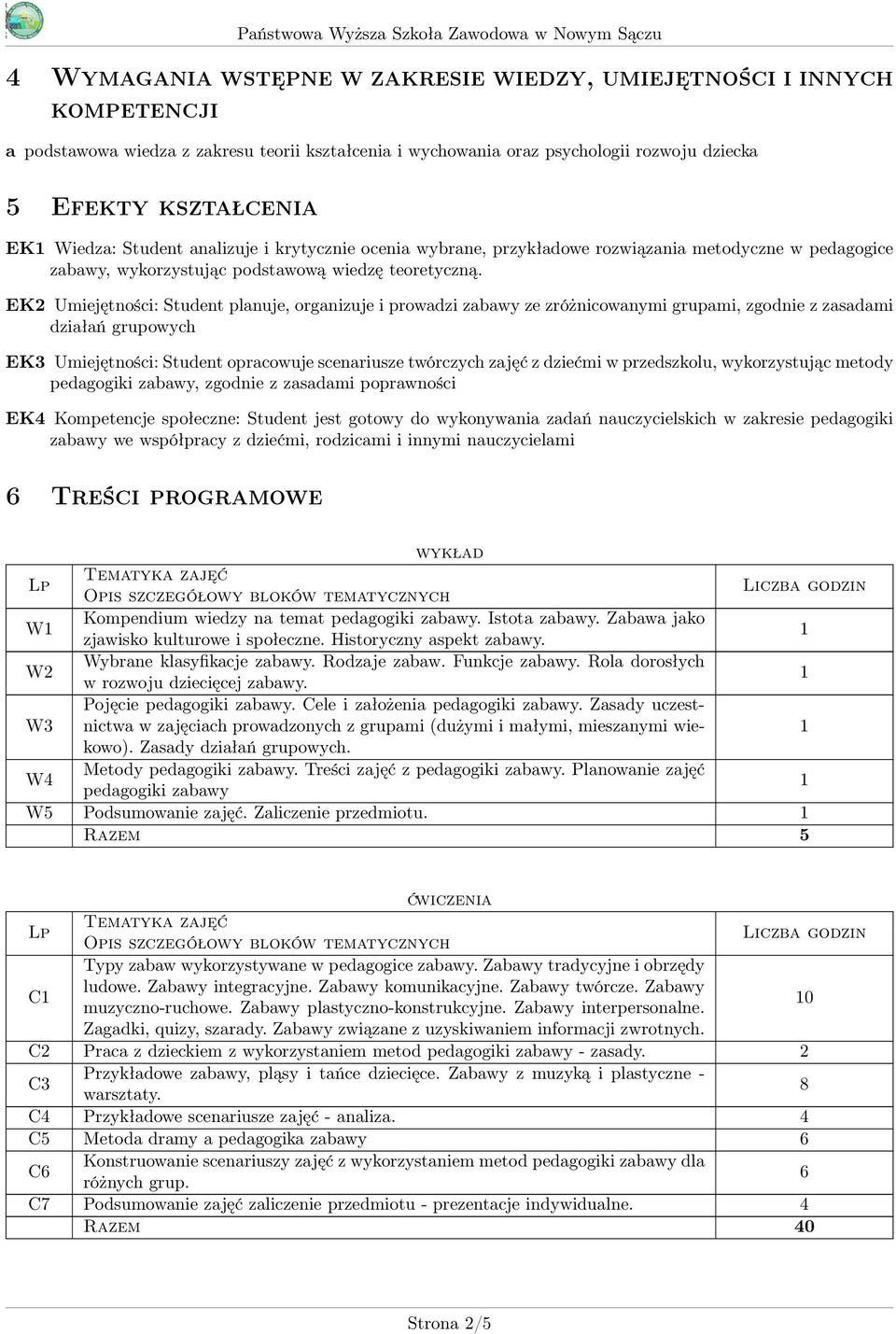 EK2 Umiejętności: Student planuje, organizuje i prowadzi zabawy ze zróżnicowanymi grupami, zgodnie z zasadami działań grupowych EK3 Umiejętności: Student opracowuje scenariusze twórczych zajęć z