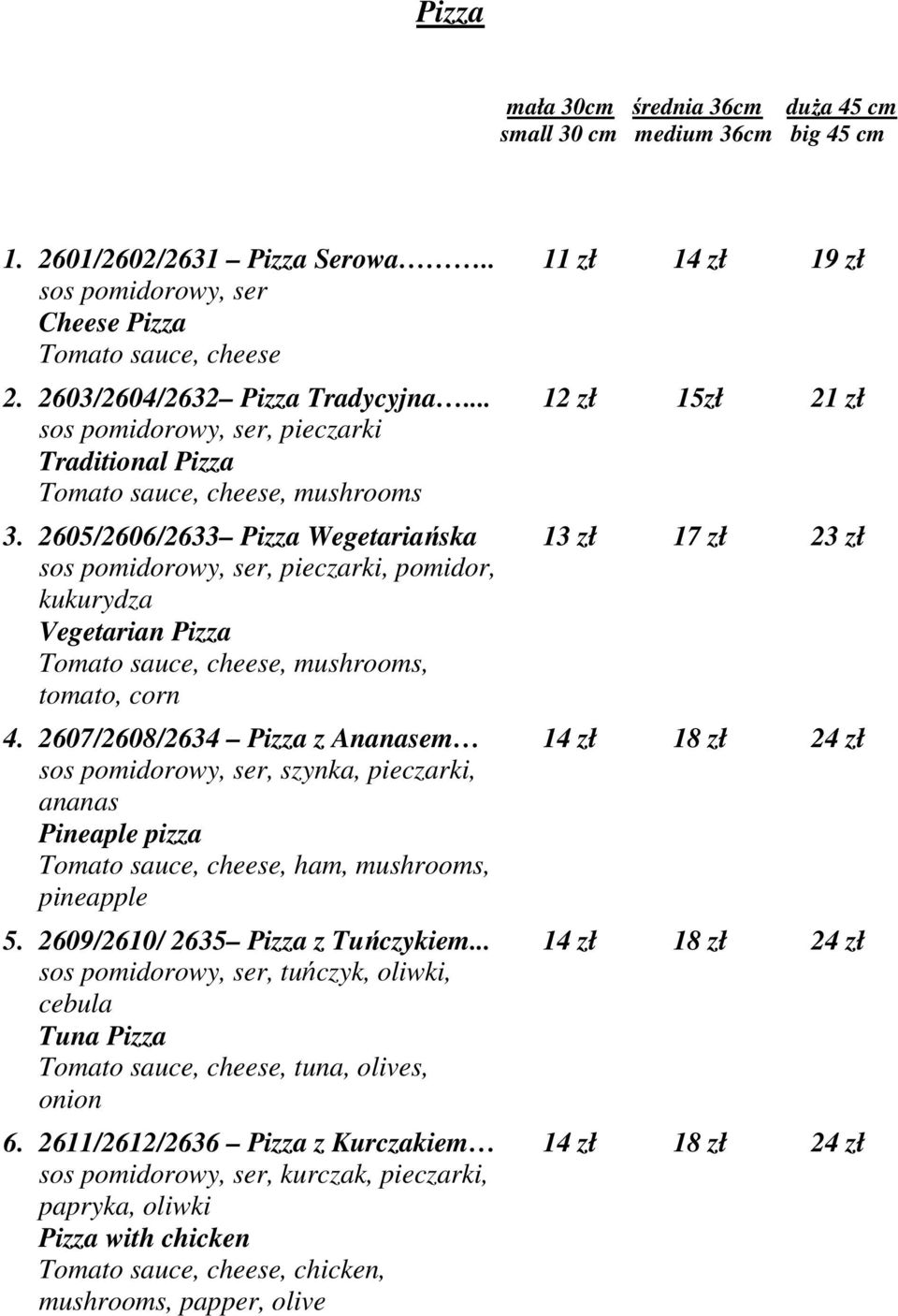 2605/2606/2633 Pizza Wegetariańska sos pomidorowy, ser, pieczarki, pomidor, kukurydza Vegetarian Pizza Tomato sauce, cheese, mushrooms, tomato, corn 4.