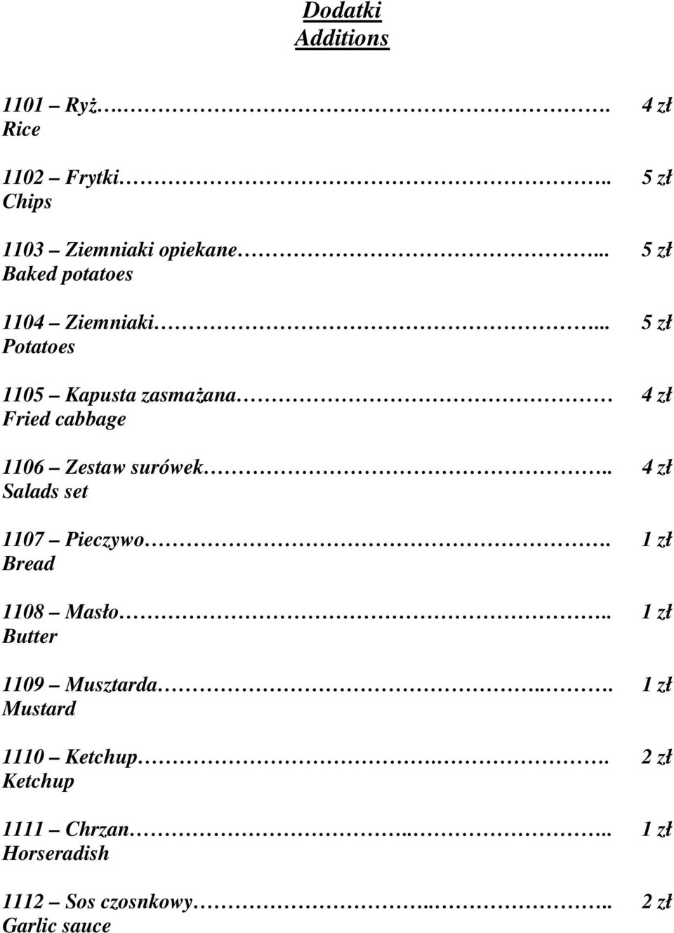.. Potatoes 1105 Kapusta zasmażana Fried cabbage 1106 Zestaw surówek.