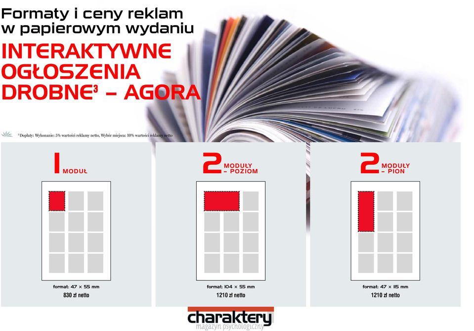 wartości reklamy netto 1 MODUŁ 2 MODUŁY POZIOM 2 MODUŁY PION format: 47 55