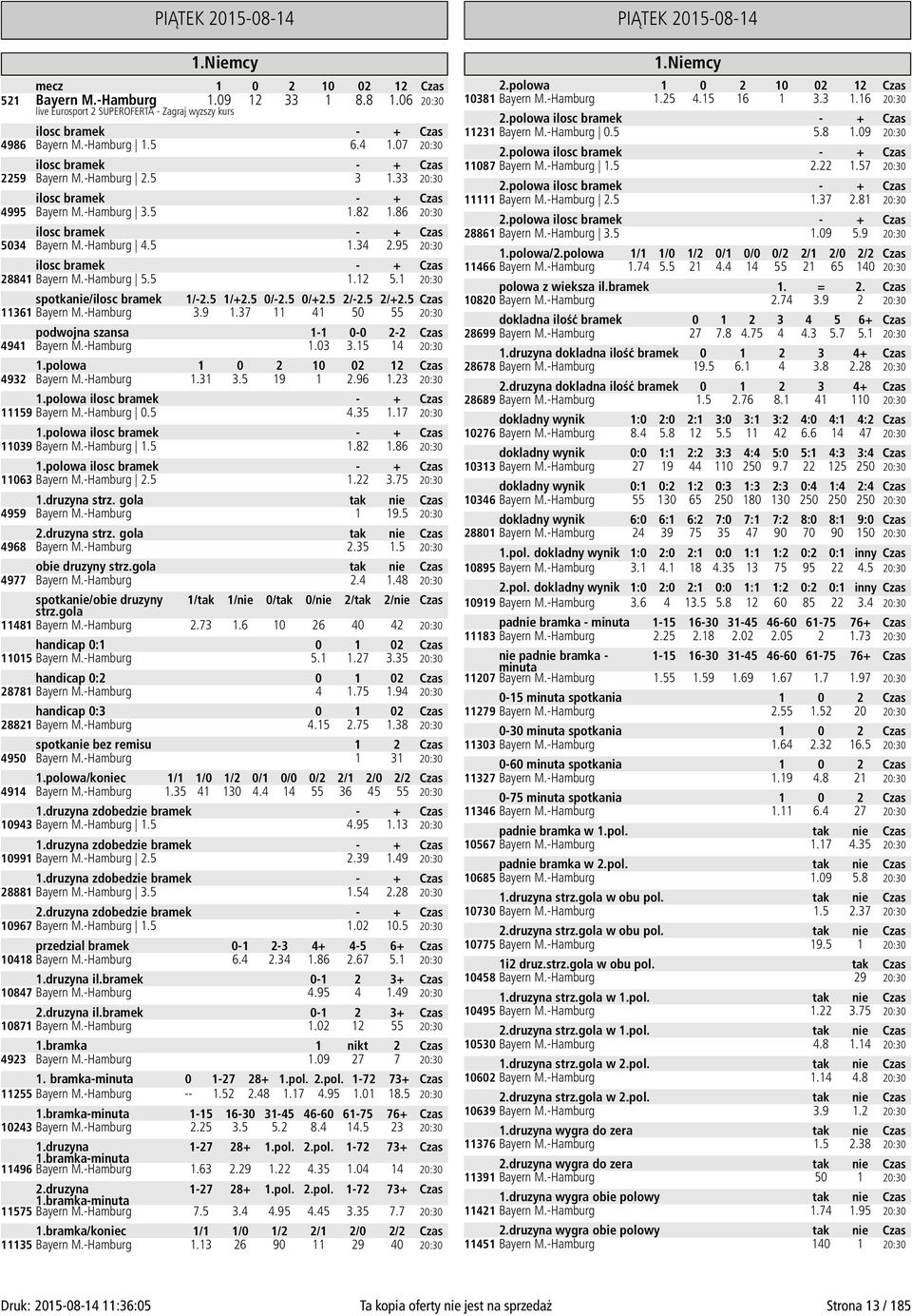 37 11 41 50 55 20:30 4941 Bayern M.-Hamburg 1.03 3.15 14 20:30 4932 Bayern M.-Hamburg 1.31 3.5 19 1 2.96 1.23 20:30 1.polowa 11159 Bayern M.-Hamburg 0.5 4.35 1.17 20:30 1.polowa 11039 Bayern M.