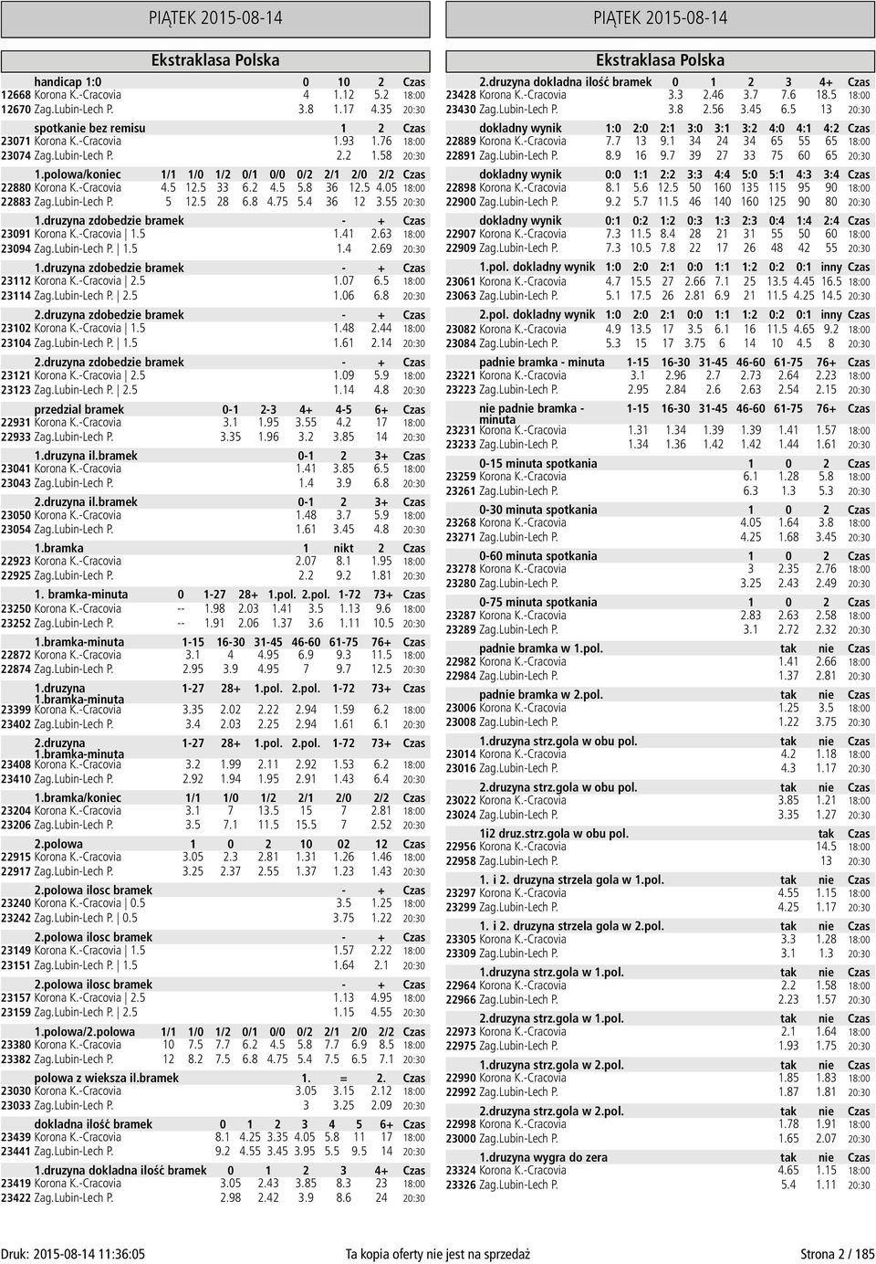 4 36 12 3.55 20:30 23091 Korona K.-Cracovia 1.5 1.41 2.63 18:00 23094 Zag.Lubin-Lech P. 1.5 1.4 2.69 20:30 23112 Korona K.-Cracovia 2.5 1.07 6.5 18:00 23114 Zag.Lubin-Lech P. 2.5 1.06 6.