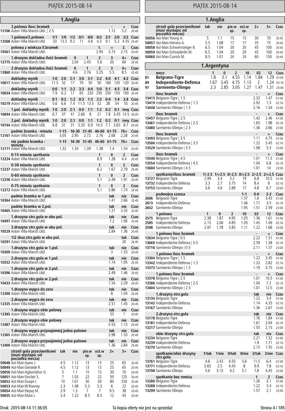 6 20 60 20:45 2.druzyna dokladna ilość bramek 0 1 2 3 4+ Czas 12860 Aston Villa-Manch.Utd. 4.6 2.76 3.25 5.5 8.5 20:45 10017 Aston Villa-Manch.Utd. 11.