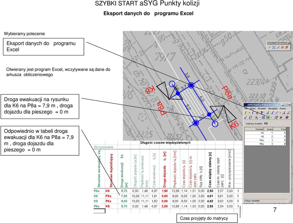 na rysunku dla K6 na P8a = 7,9 m, droga dojazdu dla pieszego = 0 m Odpowiednio w tabeli