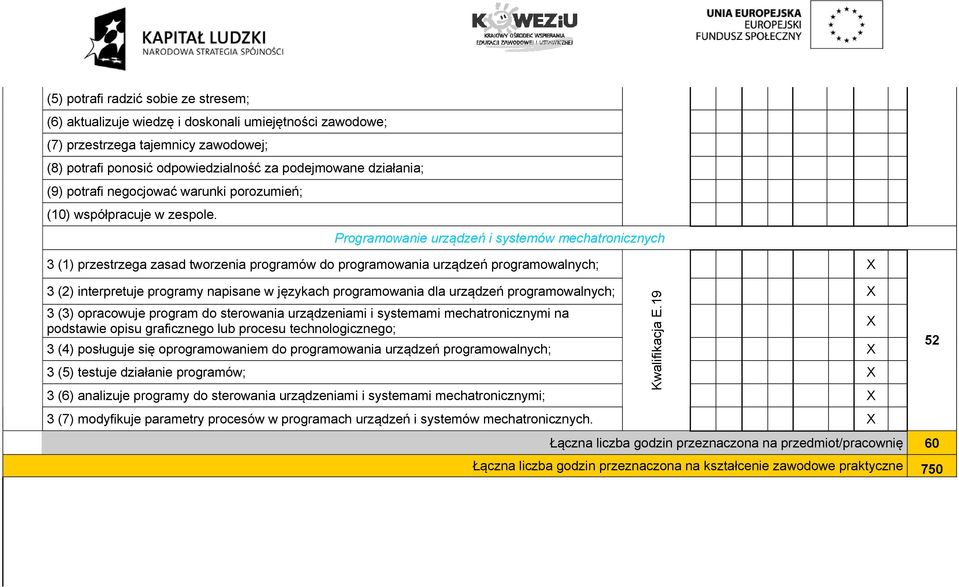 Programowanie urządzeń i systemów mechatronicznych 3 (1) przestrzega zasad tworzenia programów do programowania urządzeń programowalnych; 3 (2) interpretuje programy napisane w językach programowania