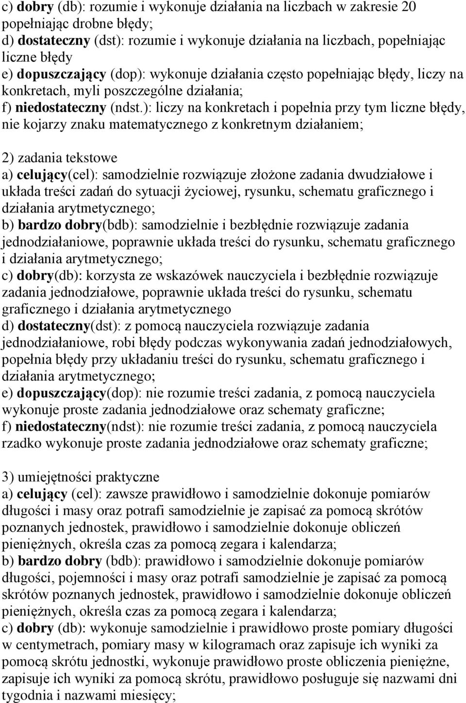 ): liczy na konkretach i popełnia przy tym liczne błędy, nie kojarzy znaku matematycznego z konkretnym działaniem; 2) zadania tekstowe a) celujący(cel): samodzielnie rozwiązuje złożone zadania