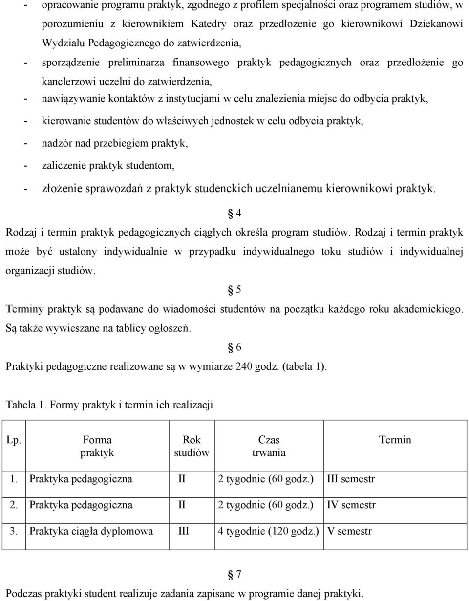 miejsc do odbycia praktyk, - kierowanie studentów do właściwych jednostek w celu odbycia praktyk, - nadzór nad przebiegiem praktyk, - zaliczenie praktyk studentom, - złożenie sprawozdań z praktyk