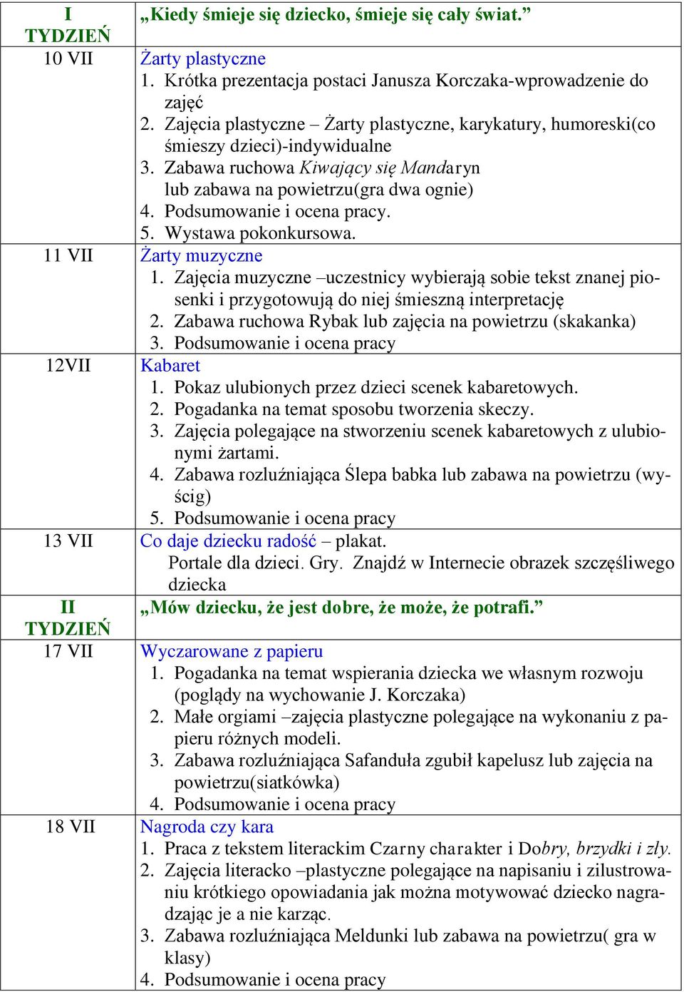 11 VII Żarty muzyczne 1. Zajęcia muzyczne uczestnicy wybierają sobie tekst znanej piosenki i przygotowują do niej śmieszną interpretację 2. Zabawa ruchowa Rybak lub zajęcia na powietrzu (skakanka) 3.