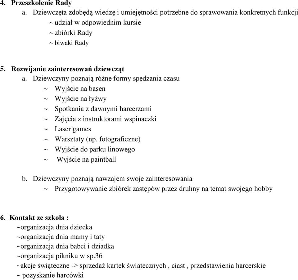 Dziewczyny poznają różne formy spędzania czasu Wyjście na basen Wyjście na łyżwy Spotkania z dawnymi harcerzami Zajęcia z instruktorami wspinaczki Laser games Warsztaty (np.