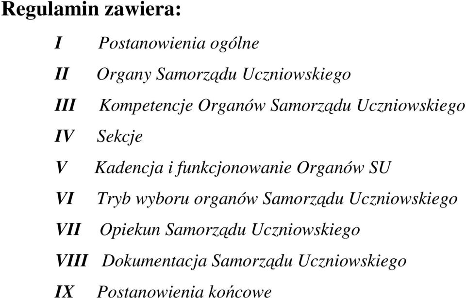 funkcjonowanie Organów SU VI Tryb wyboru organów Samorządu Uczniowskiego VII