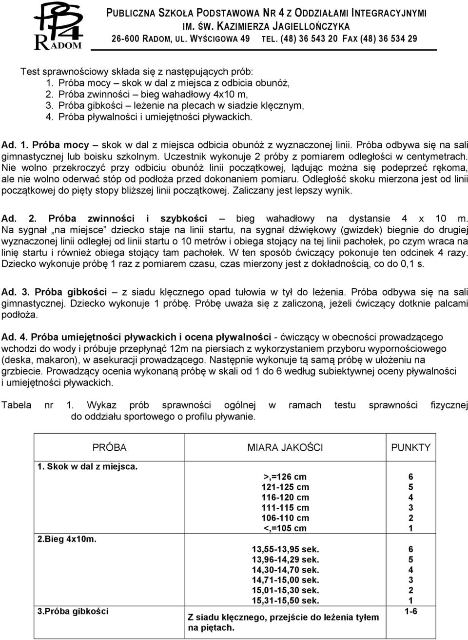 Próba odbywa się na sali gimnastycznej lub boisku szkolnym. Uczestnik wykonuje 2 próby z pomiarem odległości w centymetrach.