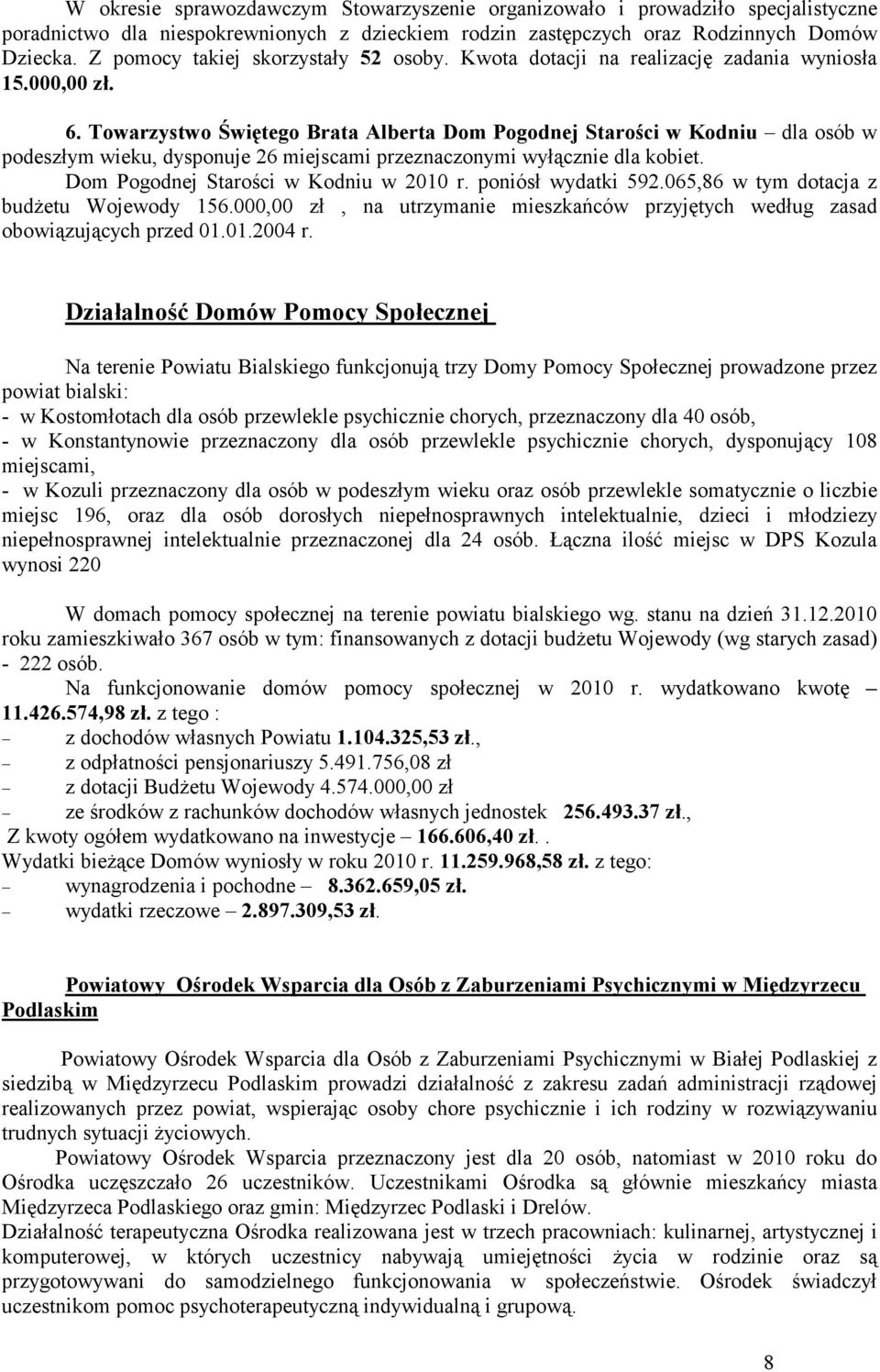 Towarzystwo Świętego Brata Alberta Dom Pogodnej Starości w Kodniu dla osób w podeszłym wieku, dysponuje 26 miejscami przeznaczonymi wyłącznie dla kobiet. Dom Pogodnej Starości w Kodniu w 2010 r.