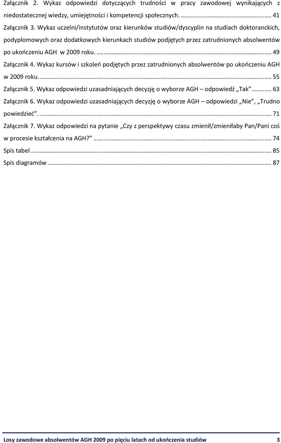2009 roku.... 49 Załącznik 4. Wykaz kursów i szkoleń podjętych przez zatrudnionych absolwentów po ukończeniu AGH w 2009 roku.... 55 Załącznik 5.