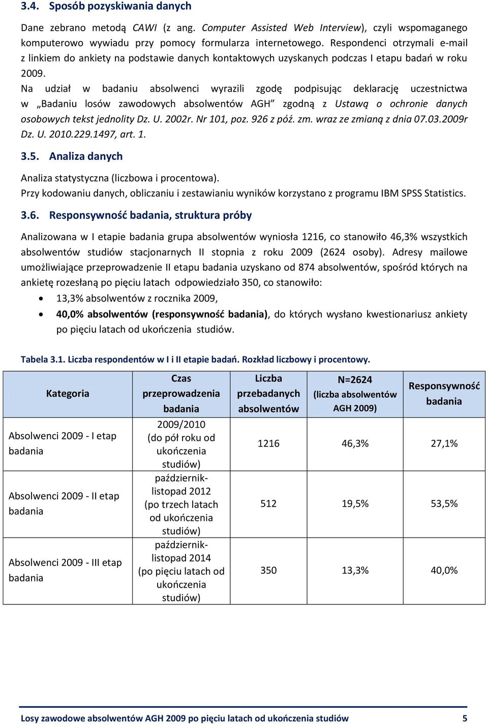 Na udział w badaniu absolwenci wyrazili zgodę podpisując deklarację uczestnictwa w Badaniu losów zawodowych absolwentów AGH zgodną z Ustawą o ochronie danych osobowych tekst jednolity Dz. U. 2002r.