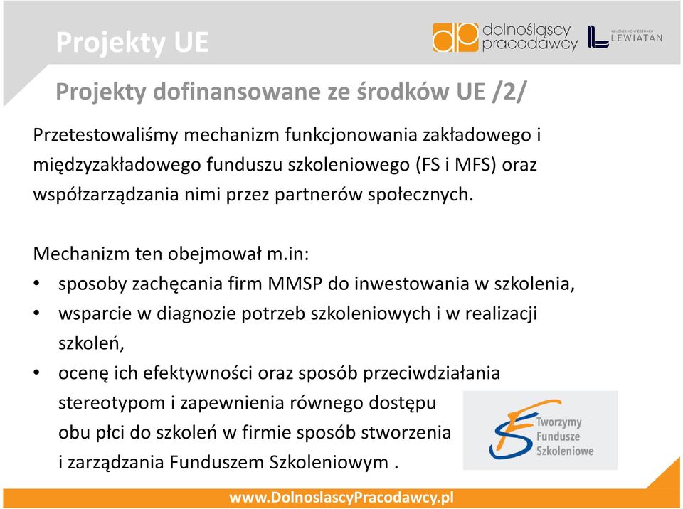 in: sposoby zachęcania firm MMSP do inwestowania w szkolenia, wsparcie w diagnozie potrzeb szkoleniowych i w realizacji szkoleń, ocenę