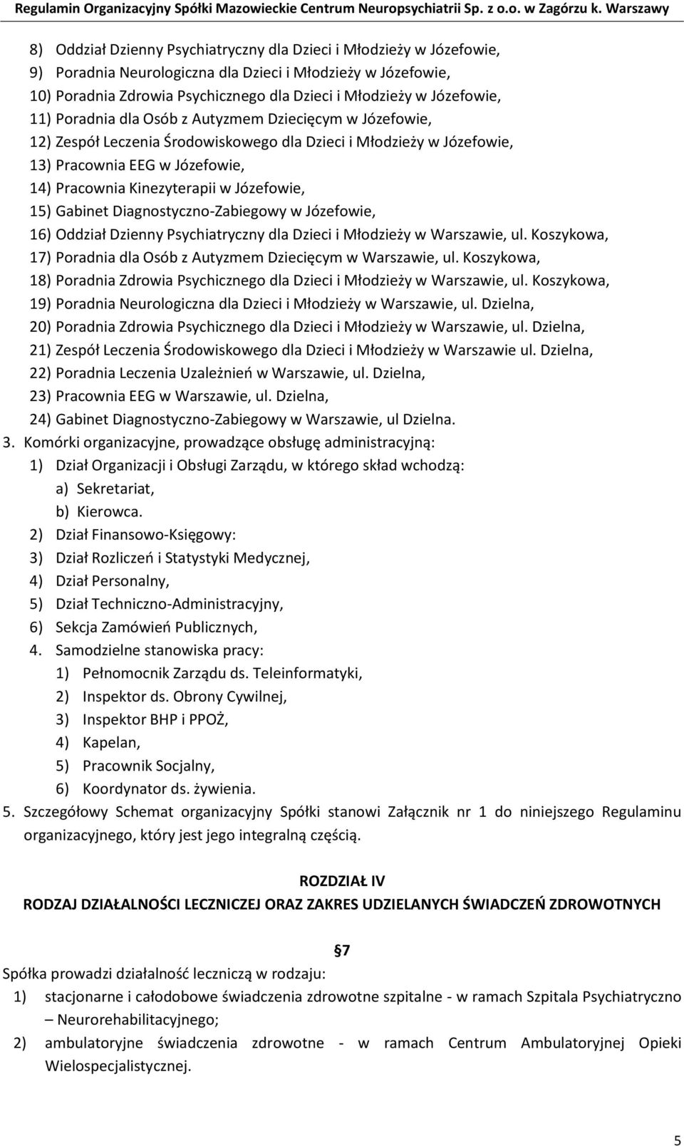 Józefowie, 15) Gabinet Diagnostyczno-Zabiegowy w Józefowie, 16) Oddział Dzienny Psychiatryczny dla Dzieci i Młodzieży w Warszawie, ul.