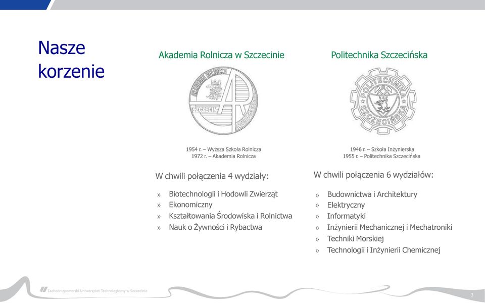 Politechnika Szczecińska W chwili połączenia 4 wydziały: W chwili połączenia 6 wydziałów: Biotechnologii i Hodowli Zwierząt