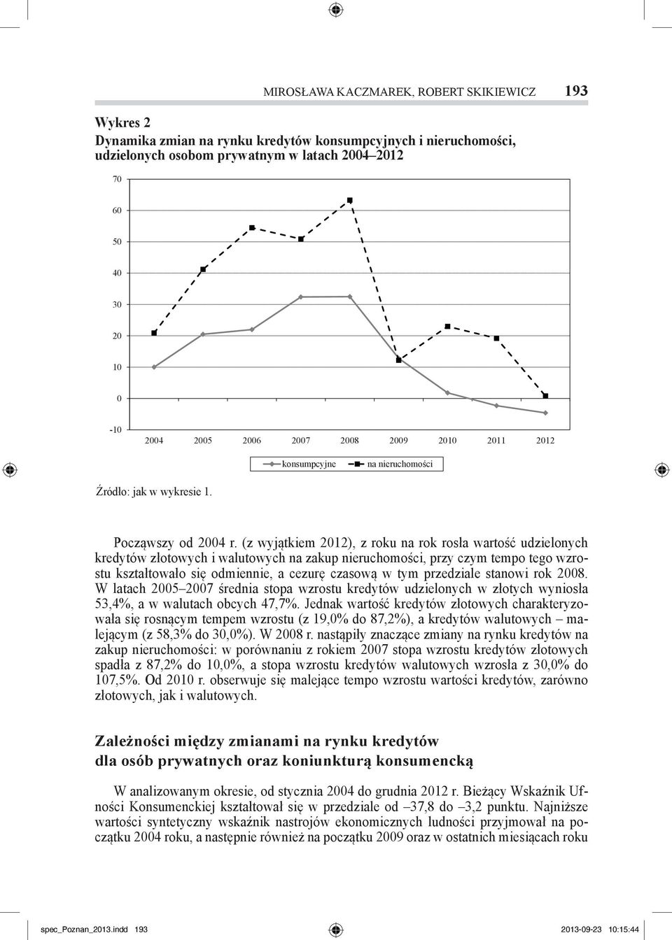 przedziale stanowi rok 2008. W latach 2005 2007 średnia stopa wzrostu kredytów udzielonych w złotych wyniosła 53,4%, a w walutach obcych 47,7%.