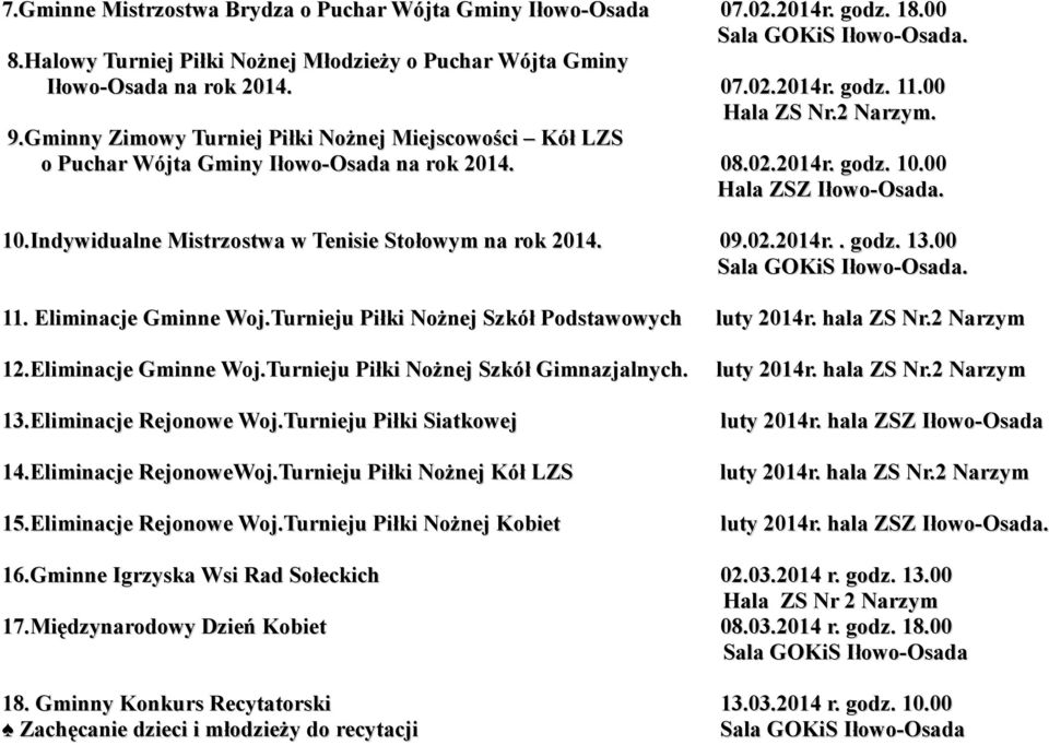 00 Hala ZSZ Iłowo-Osada. 10.Indywidualne Mistrzostwa w Tenisie Stołowym na rok 2014. 09.02.2014r.. godz. 13.00 Sala GOKiS Iłowo-Osada. 11. Eliminacje Gminne Woj.