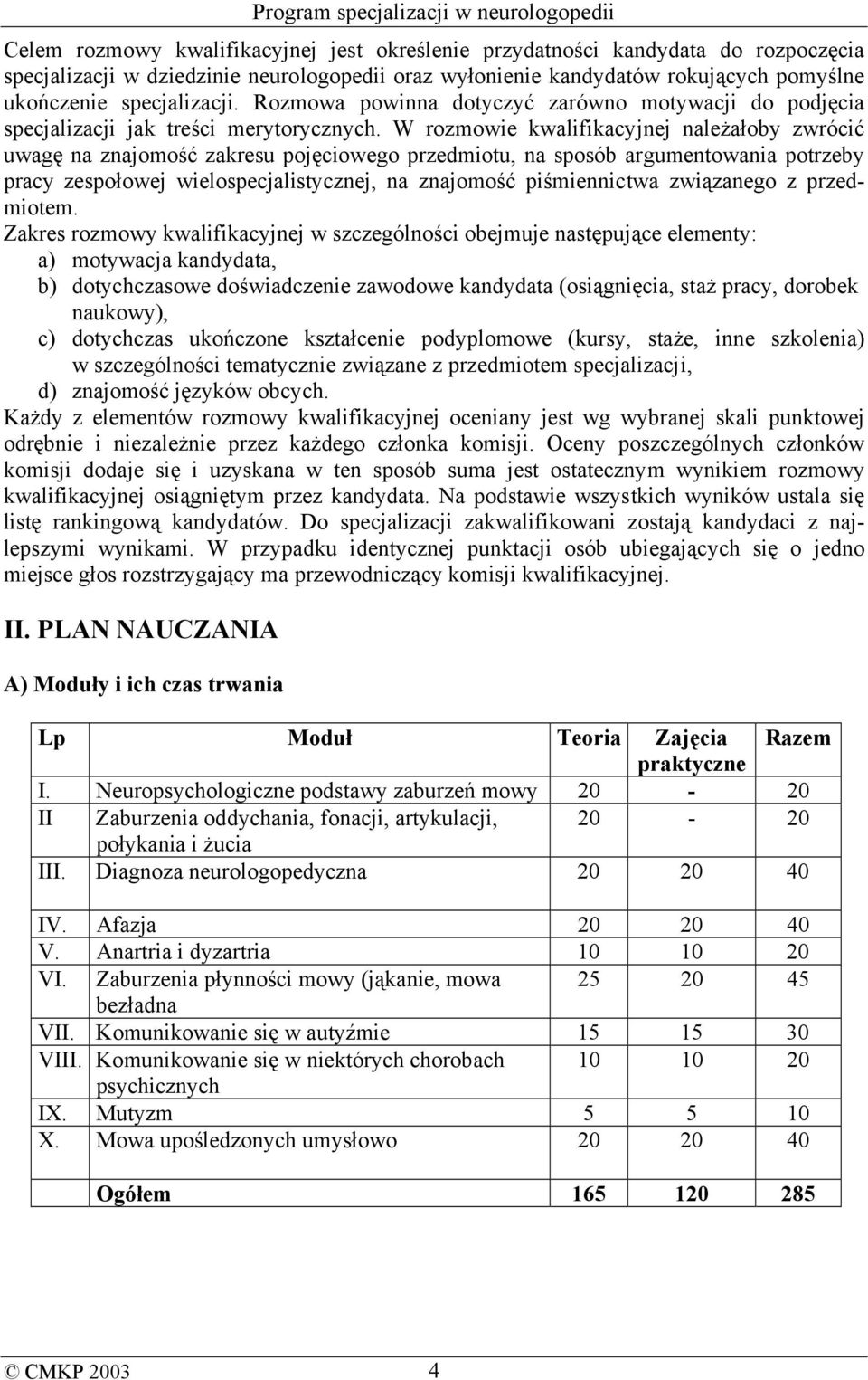 W rozmowie kwalifikacyjnej należałoby zwrócić uwagę na znajomość zakresu pojęciowego przedmiotu, na sposób argumentowania potrzeby pracy zespołowej wielospecjalistycznej, na znajomość piśmiennictwa